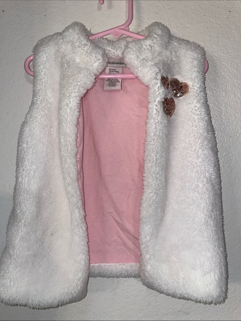 Catherine Malandrino White Fuzzy Vest with Pink Lining and Gold Sequin Hearts
